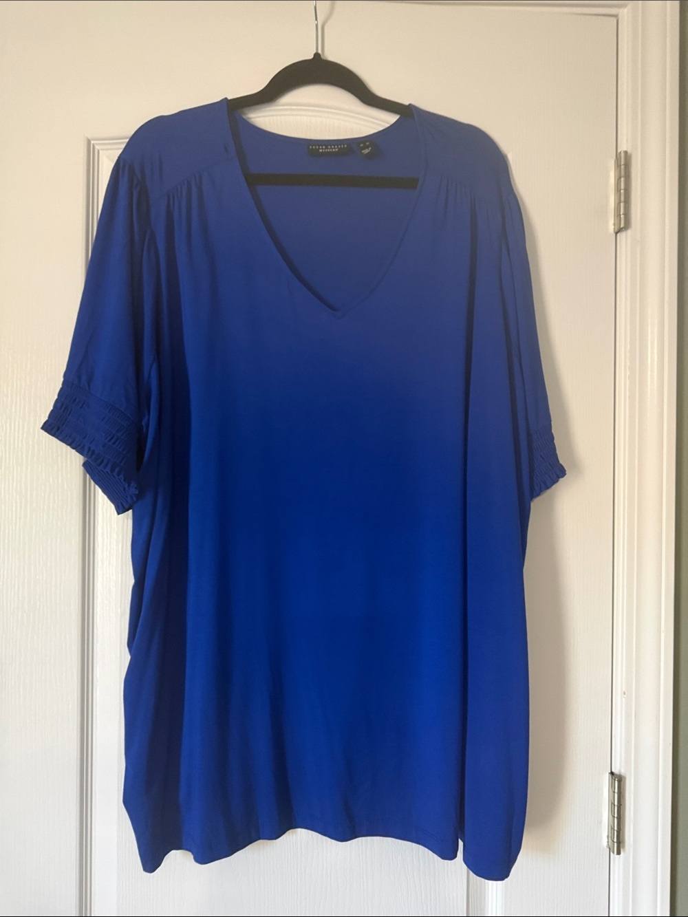 Susan Graver Fisher V-Neck Short Sleeve Tunic in Royal Blue Size 4X